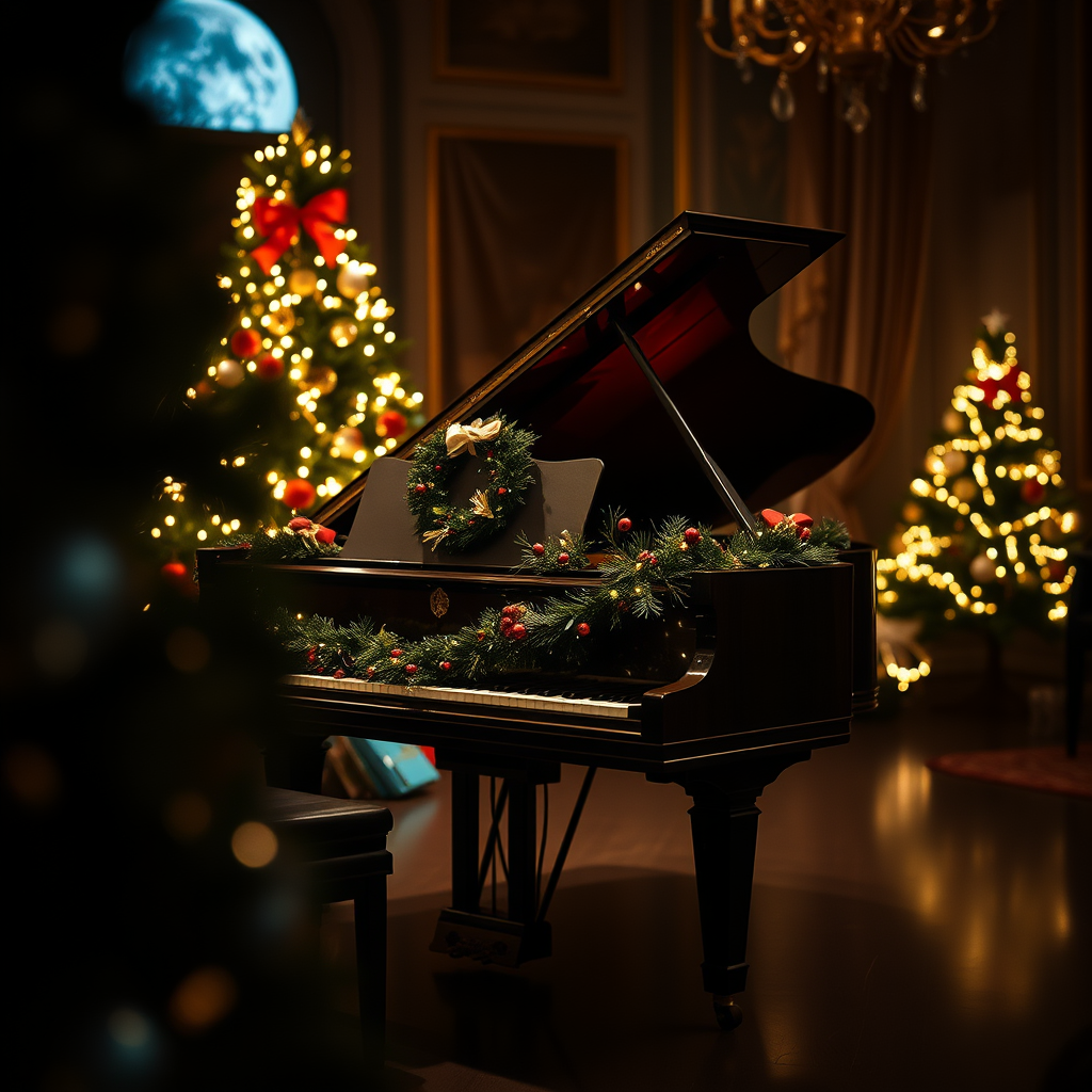 grand piano decorated for Christmas